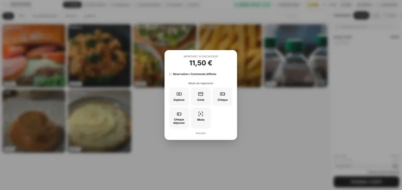 Tous les règlements — Espèces, carte, chèque, titres-restaurant — ou plusieurs moyens sur la même note.