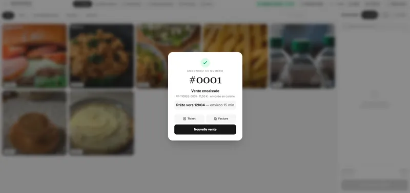 Le numéro à annoncer — La vente part en cuisine avec son heure de retrait estimée, annoncée au client.
