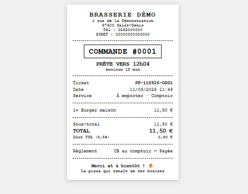 Le ticket — Mentions légales, TVA détaillée, numéro de commande — imprimé ou envoyé.